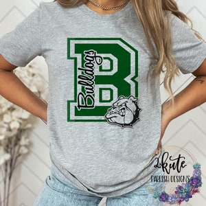 May include: A gray t-shirt with a green letter "B" and the word "Bulldogs" printed on it. A bulldog head is below the letter.