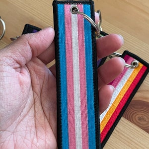 Op de afbeelding: Een blauwe, roze en witte gestreepte stoffen sleutelhanger met een zwarte rand. De sleutelhanger heeft een zilveren metalen ring.