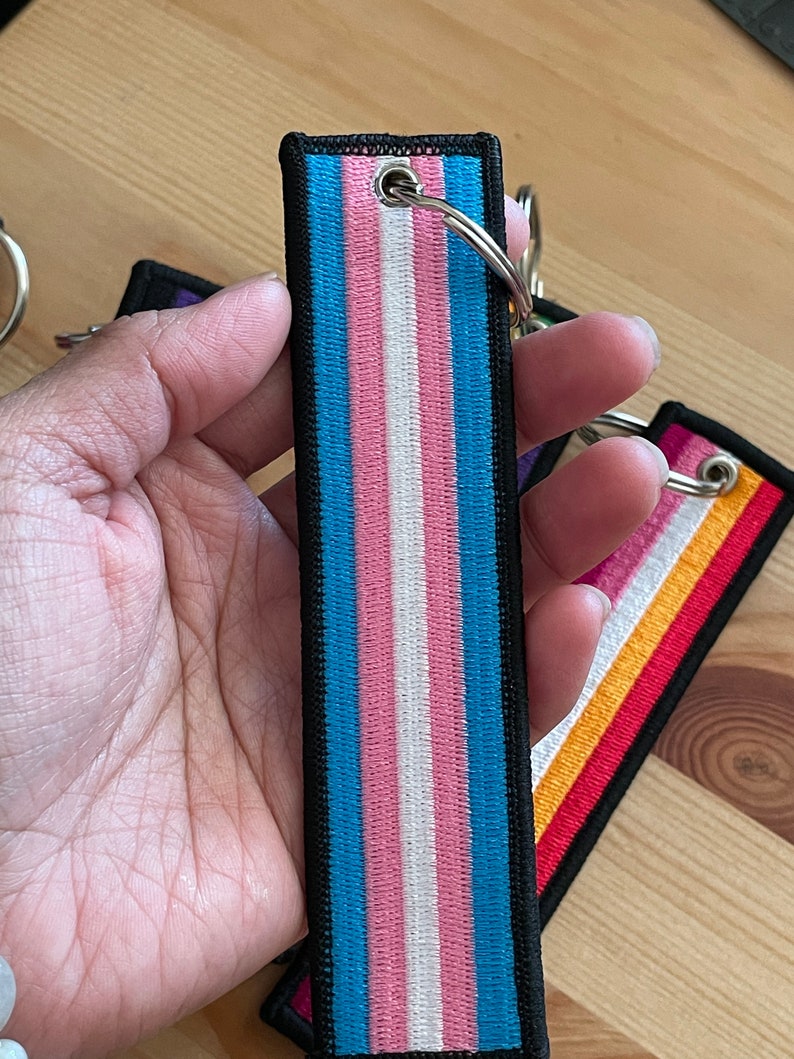 Op de afbeelding: Een blauwe, roze en witte gestreepte stoffen sleutelhanger met een zwarte rand. De sleutelhanger heeft een zilveren metalen ring.