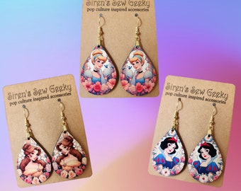 Elegant Floral Disney Princess Portrait Earrings - 3 styles to choose from! Belle, Cinderella, Snow White