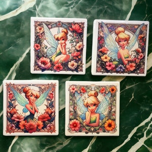Tinkerbell Art Nouveau Ceramic Coaster Set with Holder