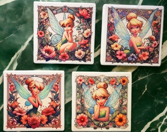 Tinkerbell Art Nouveau Ceramic Coaster Set with Holder