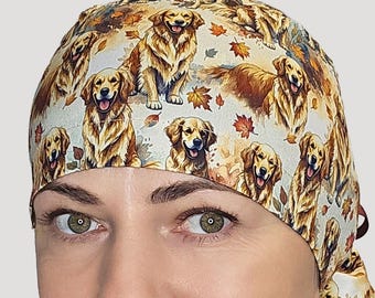 Golden retriever scrub cap women, fall dor print surgical hat for Veterinarians, animal lover