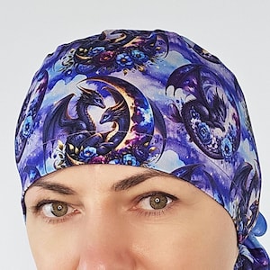 Dragons celestial scrub caps, women ponytail scrub hat, surgical nurse cap with buttons