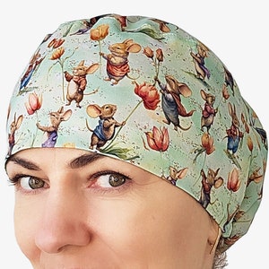 Mice scrub cap, floral ponytail scrub hat for women, euro scrub cap with toggle, surgical nurse scrub caps