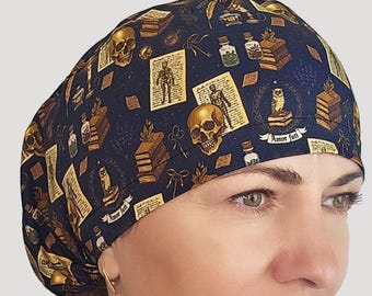 Vintage skull and anatomy scrub cap: Gothic academia surgical nurse hat with lining