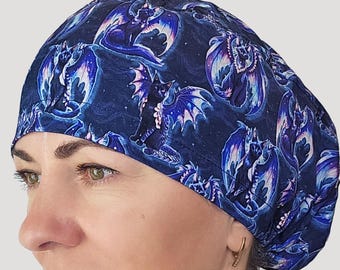 Dragon Cats scrub cap: dark blue gothic fantasy surgical hats with buttons