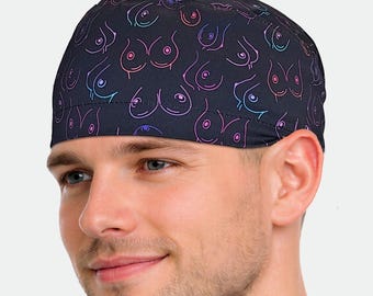 Breast mens scrub cap: Cancer awareness day surgical hat with Ties or Toggle