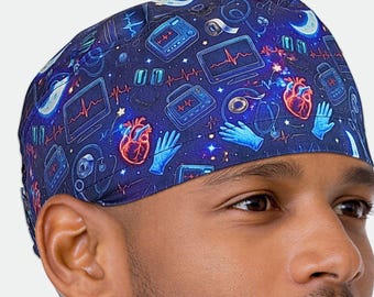 Navy EKG scrub cap: heartbeat cardiology surgical hat for nurses with buttons