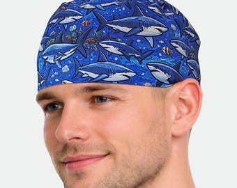 Shark scrub cap for men: Adjustable blue stretchy surgical hat with ties or toggle