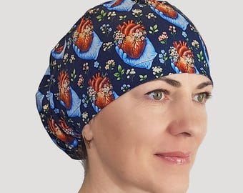 Navy floral anatomical heart scrub cap for women, cardiac OR nurse hat with buttons