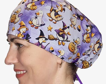 Halloween witchy goose scrub cap: fun pumpkin surgical cap with buttons