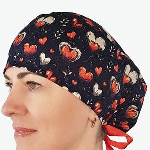 Valentines scrub caps, euro surgical hat for nurses, heart scrub cap with buttons