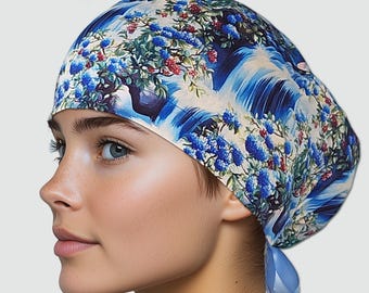 Scrub caps for women, floral euro surgical hat with buttons