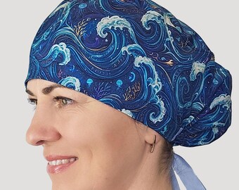 Ocean wave scrub cap: Japanese-inspired navy surgical hat with buttons