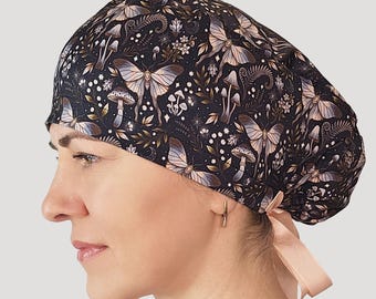 Moth and mushroom scrub cap: Dark botanical stretch surgical hat with ribbons