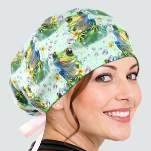 Frog Print Scrub Cap, Nurses Surgical Hat with Buttons: Unisex, Euro, Ponytail options