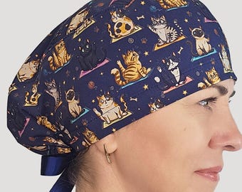 Yoga Cats surgical hat: dark blue nurse scrub cap with lining and buttons option