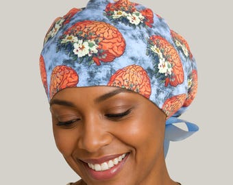 Anatomical brain scrub cap: Retro botanical surgical hat for Neurosurgeon, Blue floral Neurology print