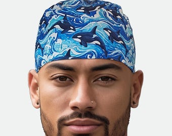 Whale scrub cap, blue ocean wave surgical hat for men with ties or toggle