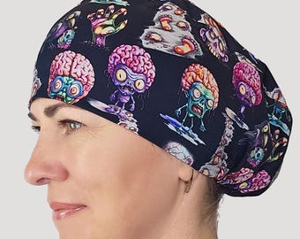 Zombie brains scrub cap: Halloween surgical hat with Ponytail, Euro and Tie Back Options