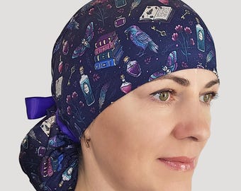 Dark Academia ponytail scrub cap: Navy Cotton surgical hat with Books and Ravens