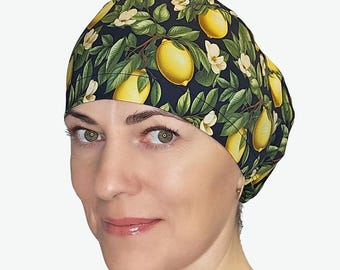 Retro lemon scrub сap for women | Botanical ponytail surgical hat | Nurse Cap