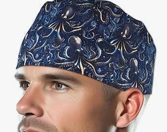 Octopus unisex scrub cap, man surgical hat, tie back Vet nurse cap