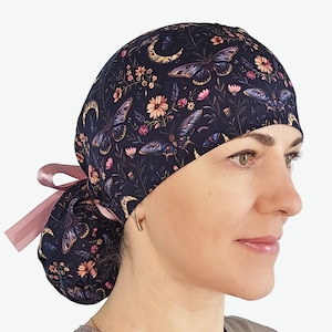 Moth floral scrub cap: Botanical stretchy cotton ponytail surgical hat