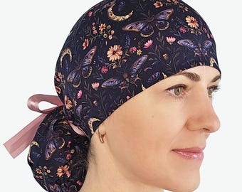 Casquette anti-mites florale : bonnet chirurgical botanique en queue de cheval en coton extensible