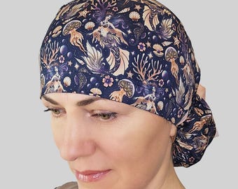 Mermaid scrub cap women: Dark fantasy print surgical hat ponytail with buttons