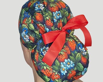 Strawberry ponytail scrub cap women: Stretch cotton surgical hat for long hair