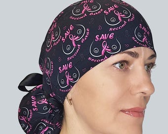 Pink ribbon scrub cap: Breast cancer awareness surgical hat, Save Second Base
