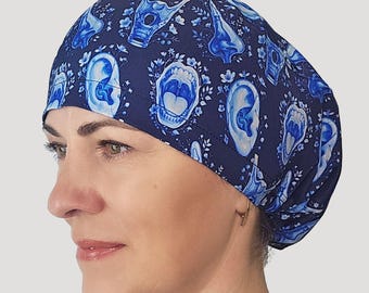 ENT anatomy scrub cap: Navy blue Ear Nose Throat Print, Surgical hat otolaryngology