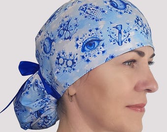 blue Ophthalmology scrub cap: surgical hat with Eye Chart print for Optometrist