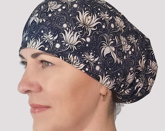 Black White floral scrub cap, Celestial surgical hat with satin lining and buttons option