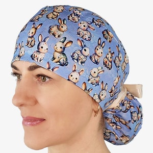 Bunny surgical scrub cap, Easters hospital hat, scrub caps for women, ponytail scrub hat with buttons