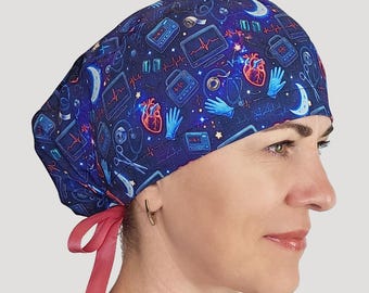 cardiac surgical cap women, EKG scrub hat with heartbeat monitor print, CVICU nurse hat