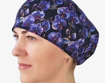 Gorros quirúrgicos con estampado de orquídeas para mujer, gorros quirúrgicos florales con cierre ajustable, gorros quirúrgicos europeos con botones.