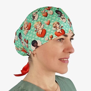 Heart ponytail scrub caps women, Valentines surgical hat, nurse scrub cap with buttons