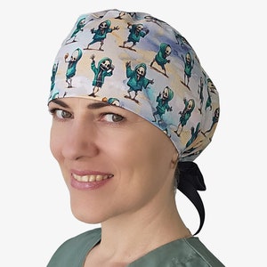 Scrub caps with Funny dancing skeletons, women surgical cap, Halloween mens scrub hat