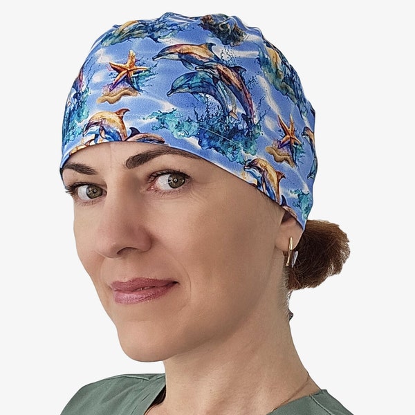 Marine scrub cap, Nautical surgical cap, Sea scrub hats for women, nurse scrub cap, stretchy fabric