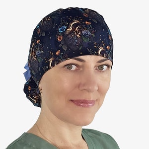 Steampank heart scrub caps women surgical cap with buttons surgery nurse scrub hat