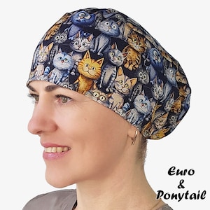 Cat lover scrub caps, stretchy surgical hat for nurses, euro scrub cap with toggle