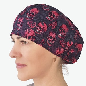 Skull scrub caps for women, floral surgical scrub hat ponytail, nurse cap