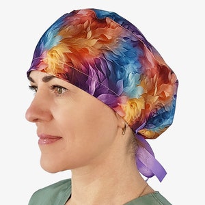 Scrub caps for women, floral surgical cap, euro scrub hats with buttons, rainbow feathers nurse cap
