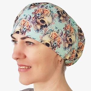 Skull scrub caps for women, floral surgical hat, euro surgery cap, stretchy nurse cap