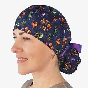 Halloween sweets scrub cap, women scary surgical cap with buttons, ponytail nurse hat