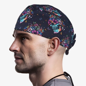 Unisex skull scrub cap, man surgery cap, surgical hat, tie back scrub hat