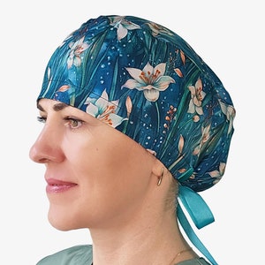 Floral scrub cap for woman, surgical cap with buttons, nurse cap